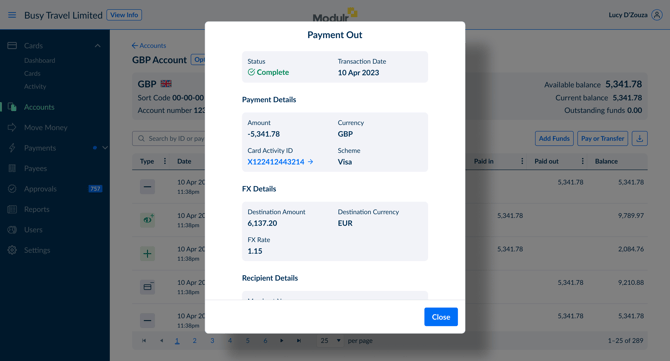 Account Details Payment Out Card