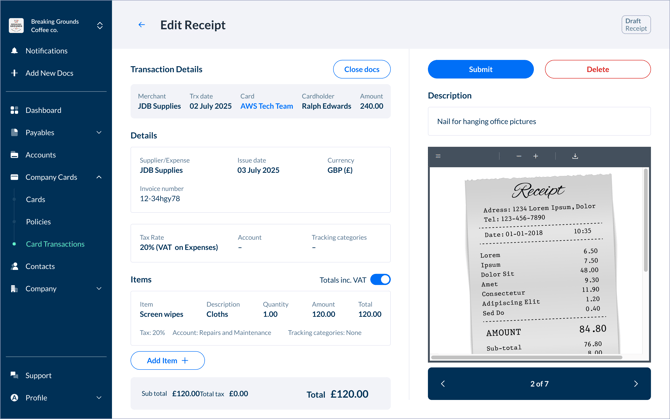 Admin view receipt docs open