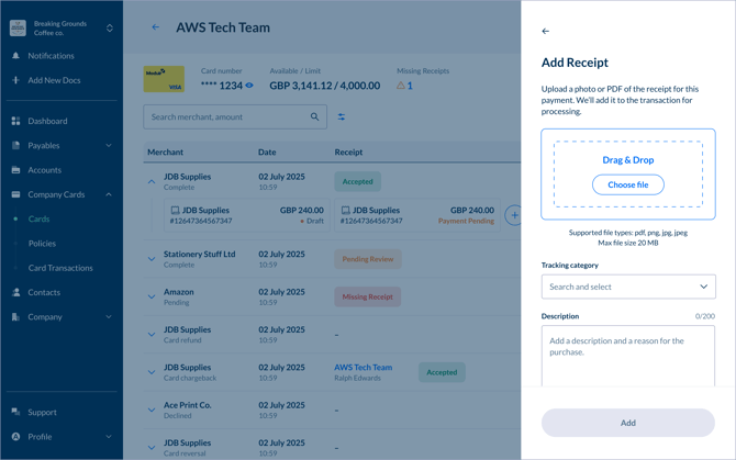 Card details add receipt