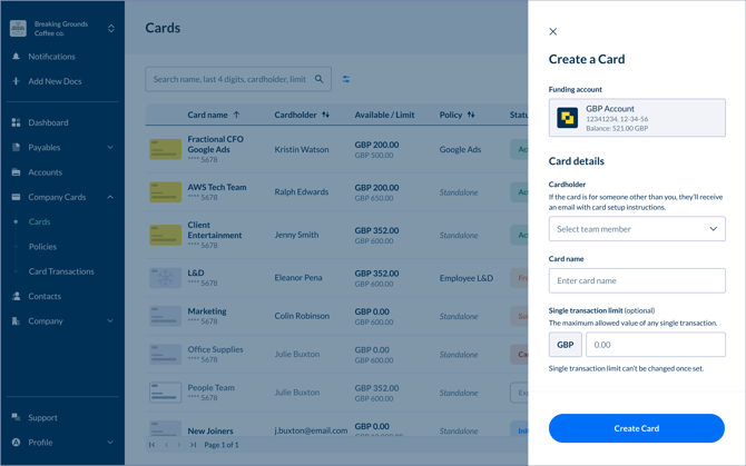Cards page + create 2