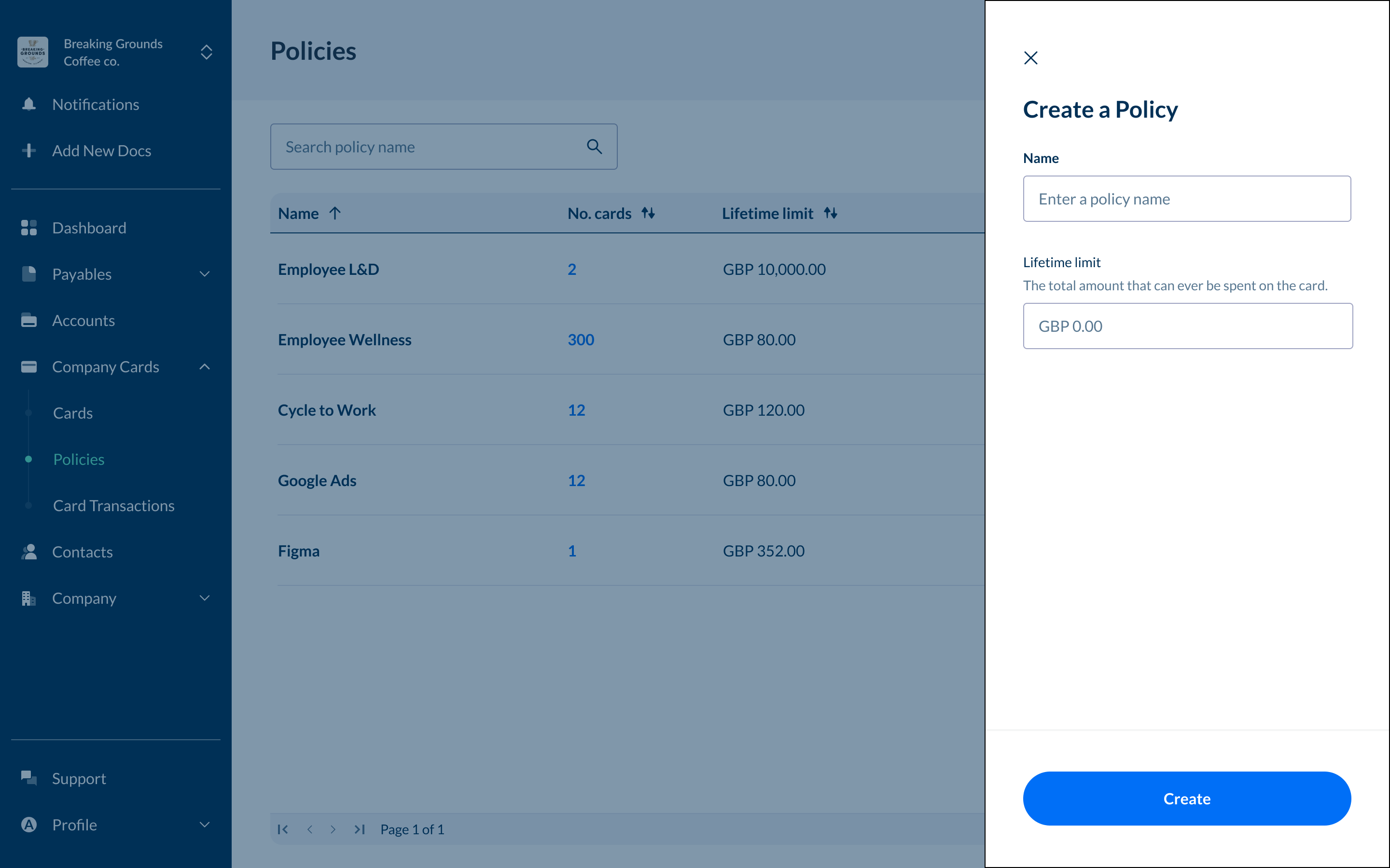 Policy Card Managing spend policies