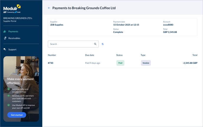 Supplier portal – Payments-_View payments from company