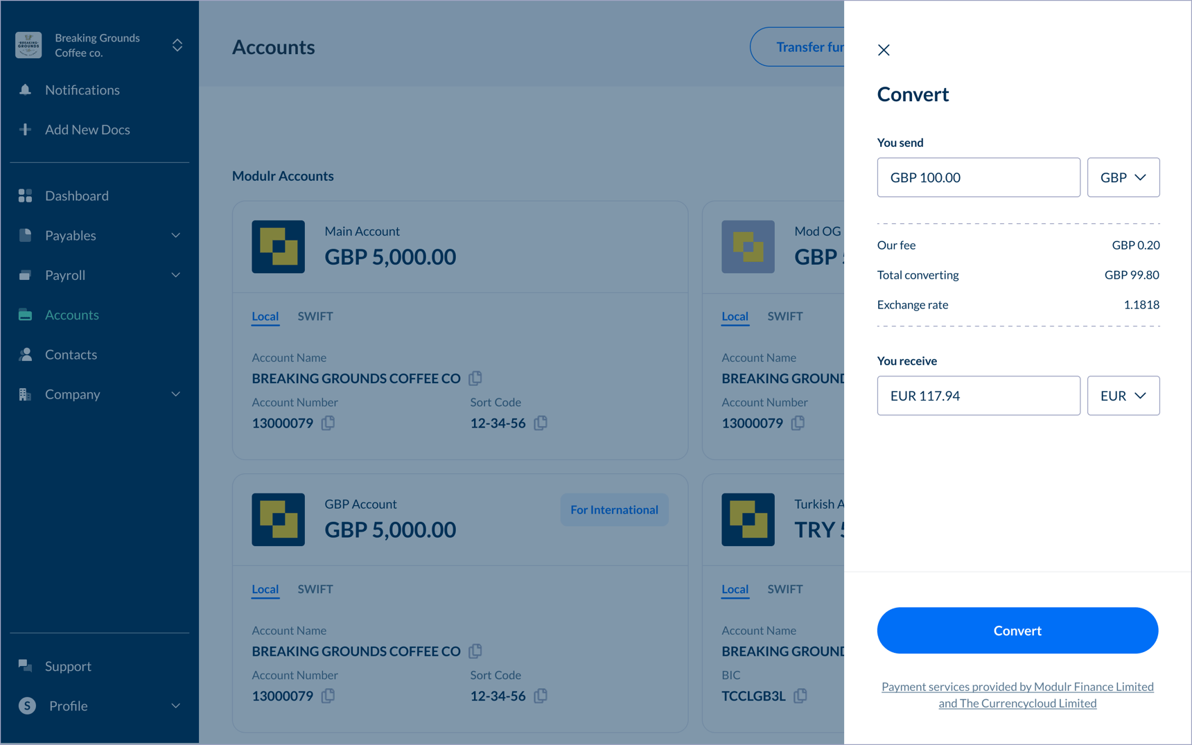 How do I add funds to an international currency Modulr AP account?