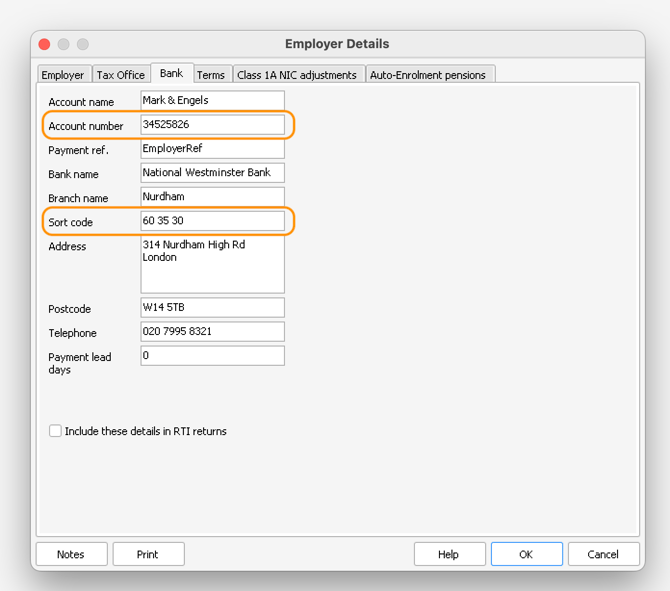 Setting up Modulr acccounts on Moneysoft Empolyer Details screen for making payroll payments