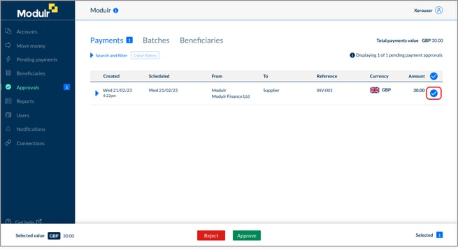 xero approval selected